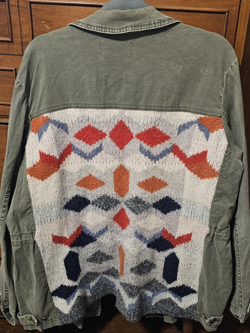 Anthropologie Olive Utility Jacket with Multicolor Geometric Knit Back